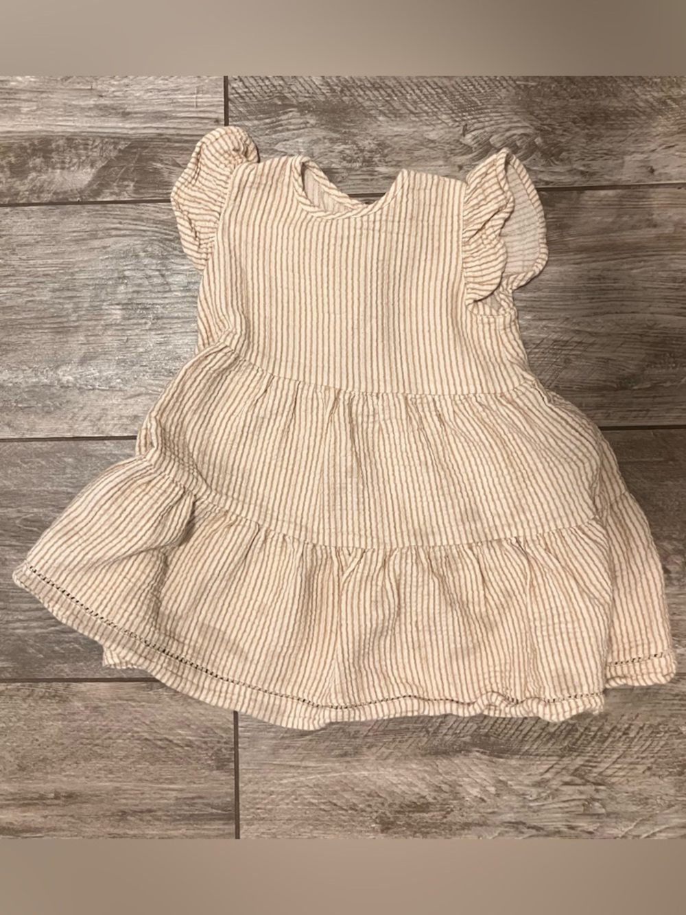 Quincy Mae Cream and Beige Striped Tiered Flutter-Sleeve Dress